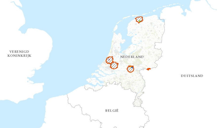 Actuele kaart vervoers- en jachtbeperkingsgebieden door vogelgriep (10KM-zones) Bron: Rijksdienst voor Ondernemend Nederland (RVO)