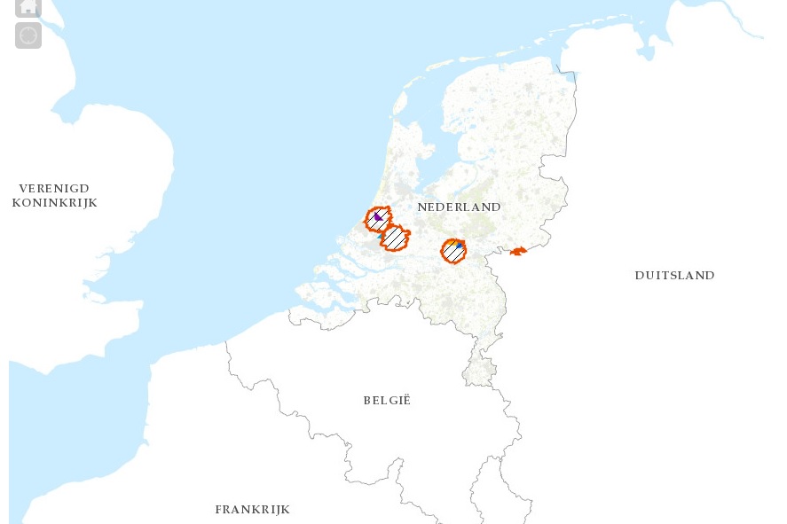 Actuele kaart vervoers- en jachtbeperkingsgebieden door vogelgriep (10KM-zones) Bron: Rijksdienst voor Ondernemend Nederland (RVO)