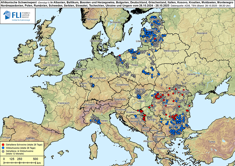 Kaart met verspreiding van Afrikaanse varkenspest in Europa, stand 3 juli 2025